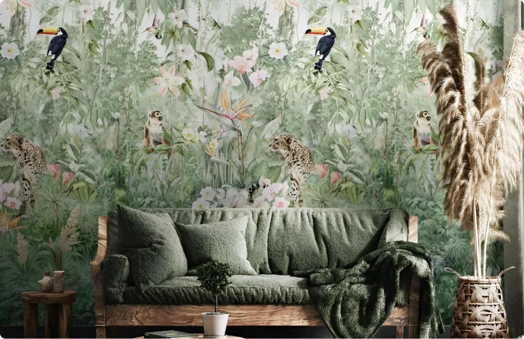 Green Animal botanical wallpaper look stunning in living room